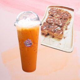 ชานมเย็น+ ปังปิ้งเนย นม โอวัลติน