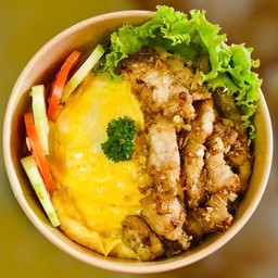 Scrambled Eggs, Fried Pork Belly With Garlic On Rice