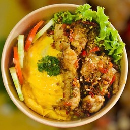 Creamy Omelette With Stir-Fried Pork Belly With Chili And Salt On Rice