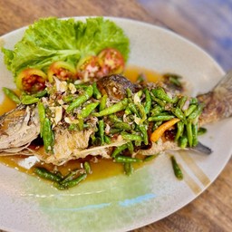 ปลากะพงทอดราดพริกสด