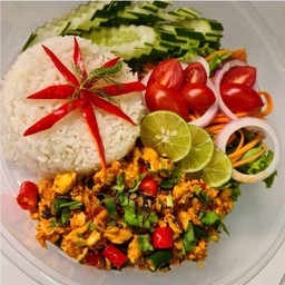 ชุดข้าวไข่คั่วปลากระป๋อง(แถมผักสด)(แยกกับข้าว)กล่อง1000ml