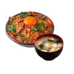 ข้าวกะเพราะเนื้อออส ไข่ดองญี่ปุ่น แถม มิโซซุป
