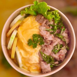 Creamy Omelet With Stir-Fried Pork And Basil On Rice