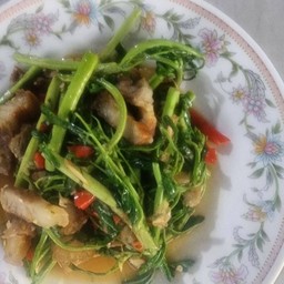 ผัดกระเฉดหมูกรอบ