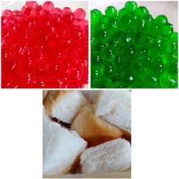 ขนมปังเย็น+เยลลี่ แดง + เยลลี่เขียว  .น้ำแดงนมข้น