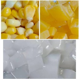 ข้าวโพด + มัน + วุ้นมะพร้าว  น้ำแดง นมข้น