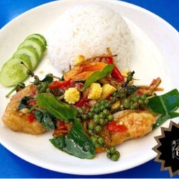 ผัดฉ่าปลากระพงราดข้าว