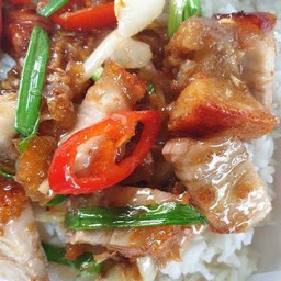 หมูกรอบผัดน้ำมันหอยราดข้าว