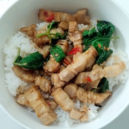 กะเพราหมูสามชั้น ราดข้าว