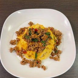 Creamy Omelet With Stir-Fried Pork And Basil On Rice