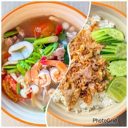 หมูทอดกระเทียมราดข้าว+ต้มยำรวมมิตรน้ำใส