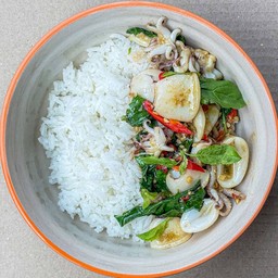 กะเพราปลาหมึกราดข้าว