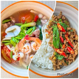 กะเพราหมูสับราดข้าว+ต้มยำรวมมิตรน้ำใส