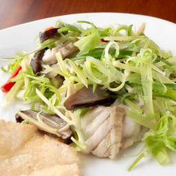 เนื้อปลาเก๋านึ่งราดซีอิ๊ว เสิร์ฟกับก๋วยเตี๋ยวร่อน