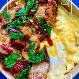 ข้าวกะเพาพริกแห้งหมูกรอบไข่ข้น