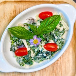 ผักโขมและเห็ดผัดครีม+แฮม