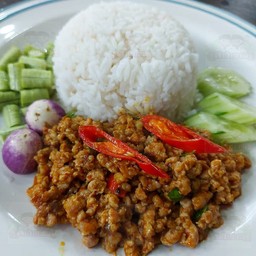 คั่วกลิ้งหมูสับราดข้าว