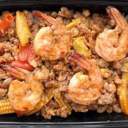 ผัดพริกเผากุ้ง+หมูสับราดข้าว