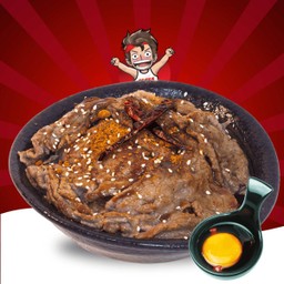 P.8โปรโมชั่น ข้าวหน้าเนื้อริบอาย  ซอสหมาล่า + ไข่แดงดอง