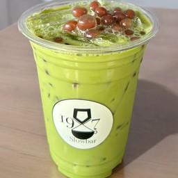 ชาเขียวนม + ถั่วแดงป๊อป
