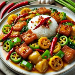 หมูกรอบผัดพริกหยวกราดข้าว