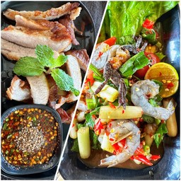 ตำไหลบัวกุ้งสด +คอหมูย่างน้ำจิ้มแจ่ว