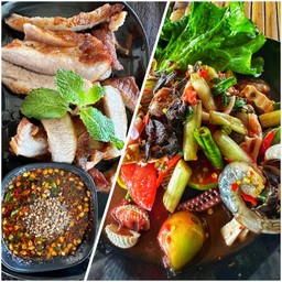 ตำเหลทะเลไหลบัว +คอหมูย่างน้ำจิ้มแจ่ว