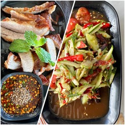 ตำแตงกวา +คอหมูย่างน้ำจิ้มแจ่ว