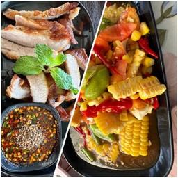 ตำข้าวโพดกุ้งสด +คอหมูย่างน้ำจิ้มแจ่ว