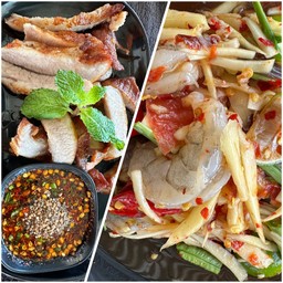 ตำกุ้งสด +คอหมูย่างน้ำจิ้มแจ่ว