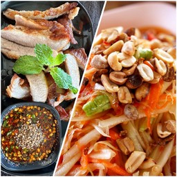 ตำไทย +คอหมูย่างน้ำจิ้มแจ่ว