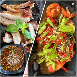 ตำถั่วฝักยาว +คอหมูย่างน้ำจิ้มแจ่ว