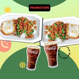 ข้าว กะเพราหมูสับไข่ดาว 2กล่อง ฟรี โค้กใส่น้ำแข็ง2แก้ว