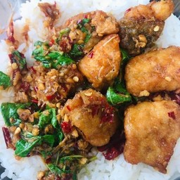 ปลากระพงผัดกระเพราราดข้าว
