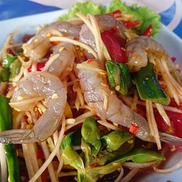 ตำปลาร้ากุ้งสดใส่ผักก้านจอง