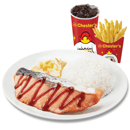 ชุดข้าวสเต๊กปลาแซลมอนซอสญี่ปุ่น + เฟรนช์ฟรายส์ (M) + โค้ก 22 Oz. [อร่อยซ่ากับโค้ก]
