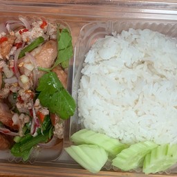 หมูทอดราดน้ำยำ + ข้าวสวย