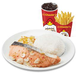 ชุดข้าวสเต๊กปลาแซลมอนย่างมะนาว + เฟรนช์ฟรายส์ (M) + โค้ก 22 Oz. [อร่อยซ่ากับโค้ก]