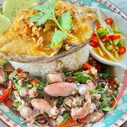 กระเพราหมึกกะตอย+ปลาอินทรีย์