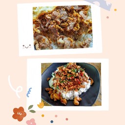 ข้าวกระเพราหมูสับ + ข้าวไก่กระเทียม