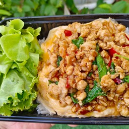 Creamy Omelet With Stir-Fried Chicken And Basil On Rice