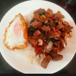 กระเพราเครื่องในไก่ราดข้าว