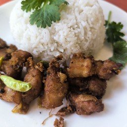 หมูสามชั้นทอดกระเทียมพริกสด ราดข้าว