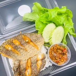 ข้าวปลานิลแกะทอด+น้ำจิ้มแจ่วปลาร้า