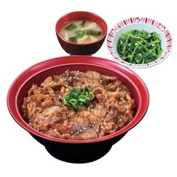 (Pro DL) ข้าวหน้าเนื้อย่างและชุดผัดผักบุ้งน้ำมันงา (ซุปมิโซะ)