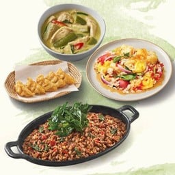 [โปรโมชั่น] แกงเขียวหวานไก่+กะเพราเนื้อสับ+ยำไข่ดาวกรอบ+เกี๊ยวซ่า 5 ชิ้น