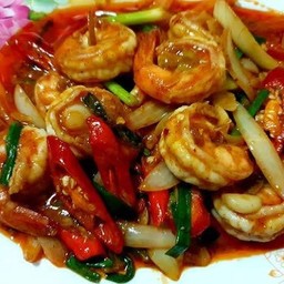กุ้งผัดพริกเผาราดข้าว
