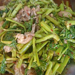 ผัดผักบุ้งน้ำมันหอยใส่หมู