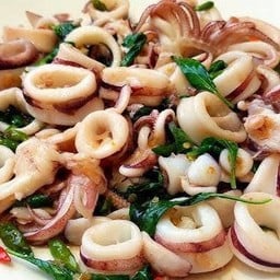 ข้าวปลาหมึกผัดโหระพา