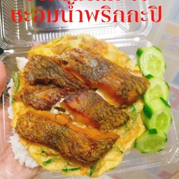 ข้าวปลานิลแกะ ไข่เจียวชะอม น้ำพริกกะปิ